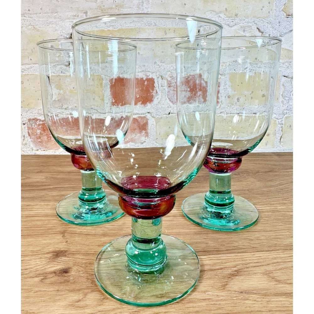 Pfaltzgraff Juniper Goblets Set 3 Green Stem Purple Wine Water Glass Vintage 90s